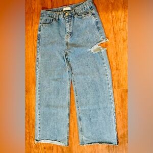 Oak & Fort Light Wash Distressed Wide Leg Jeans